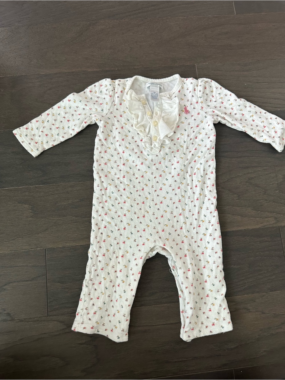Ralph Lauren Cream One-Piece with Pink Floral Print and Ruffle Front size 9 m